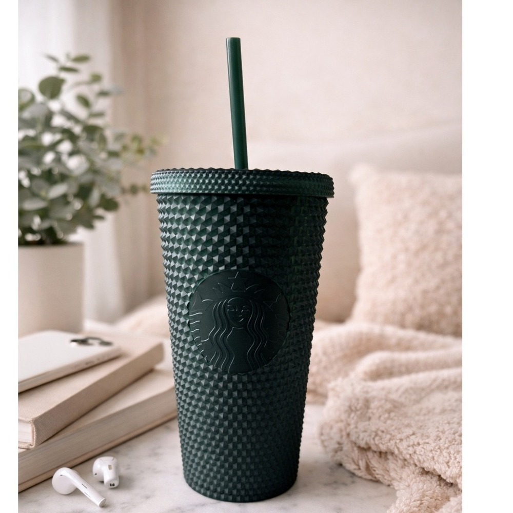 Starbucks "Studded" Tumbler Dark Green 16 oz Reusable Cold Drink‎ Cup With Straw